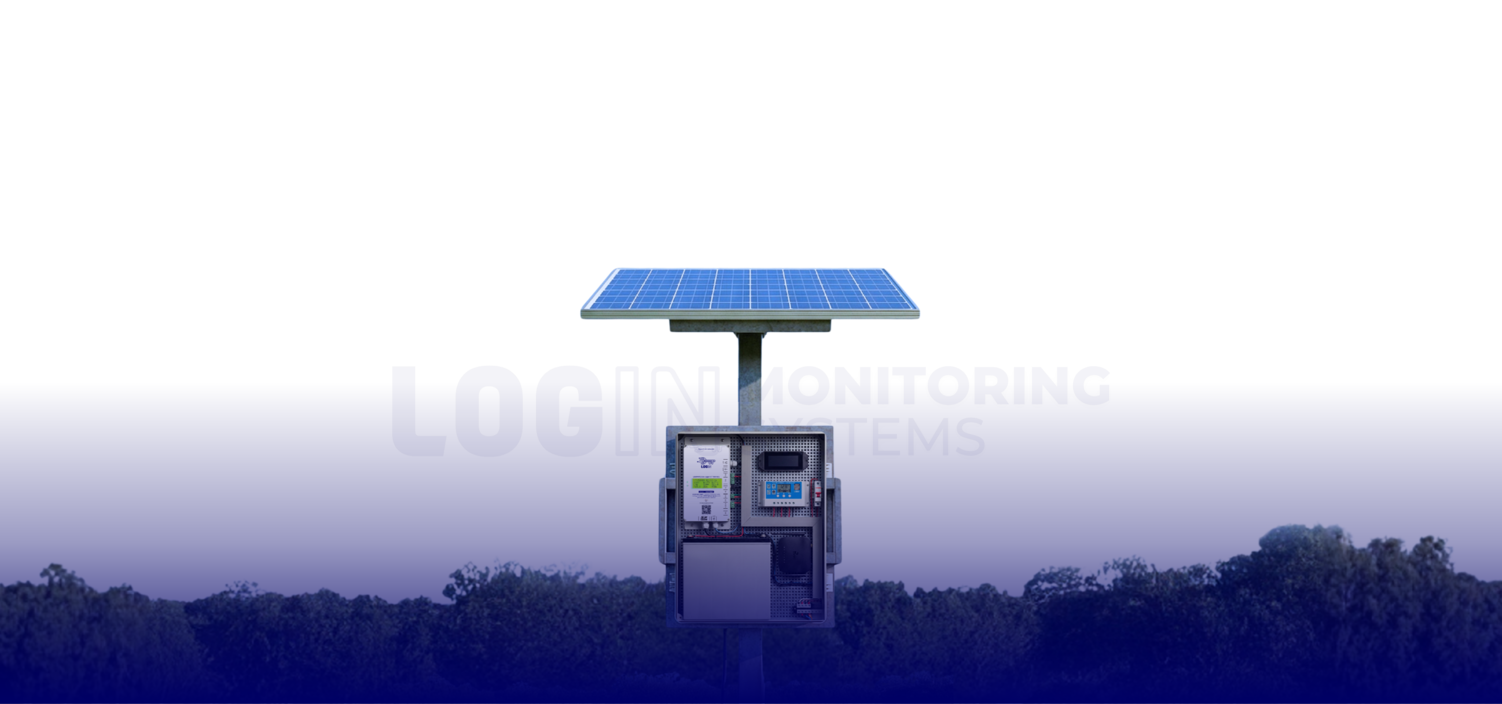 Perangkat monitoring tenaga surya Login Monitoring Systems di atas area hijau